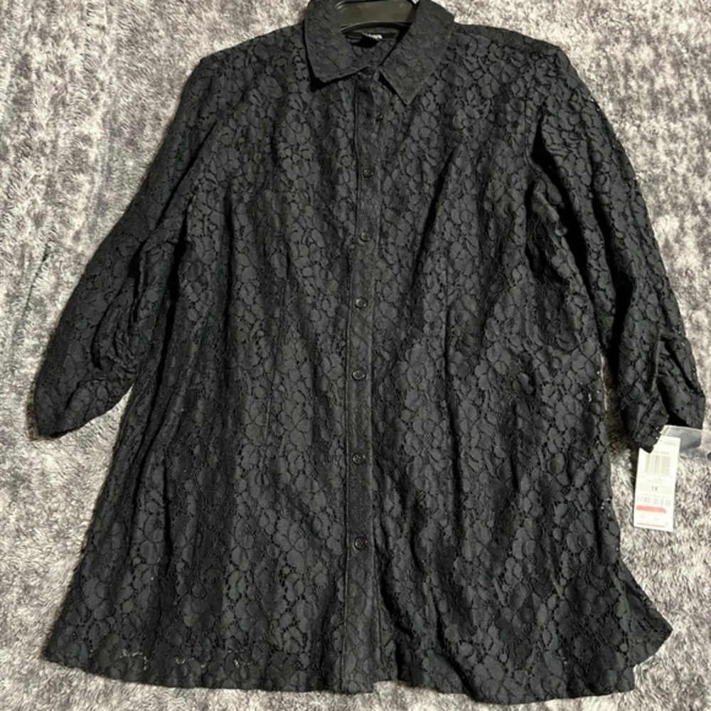 Black Lace Button-Up Shirt - Picture 1 of 5
